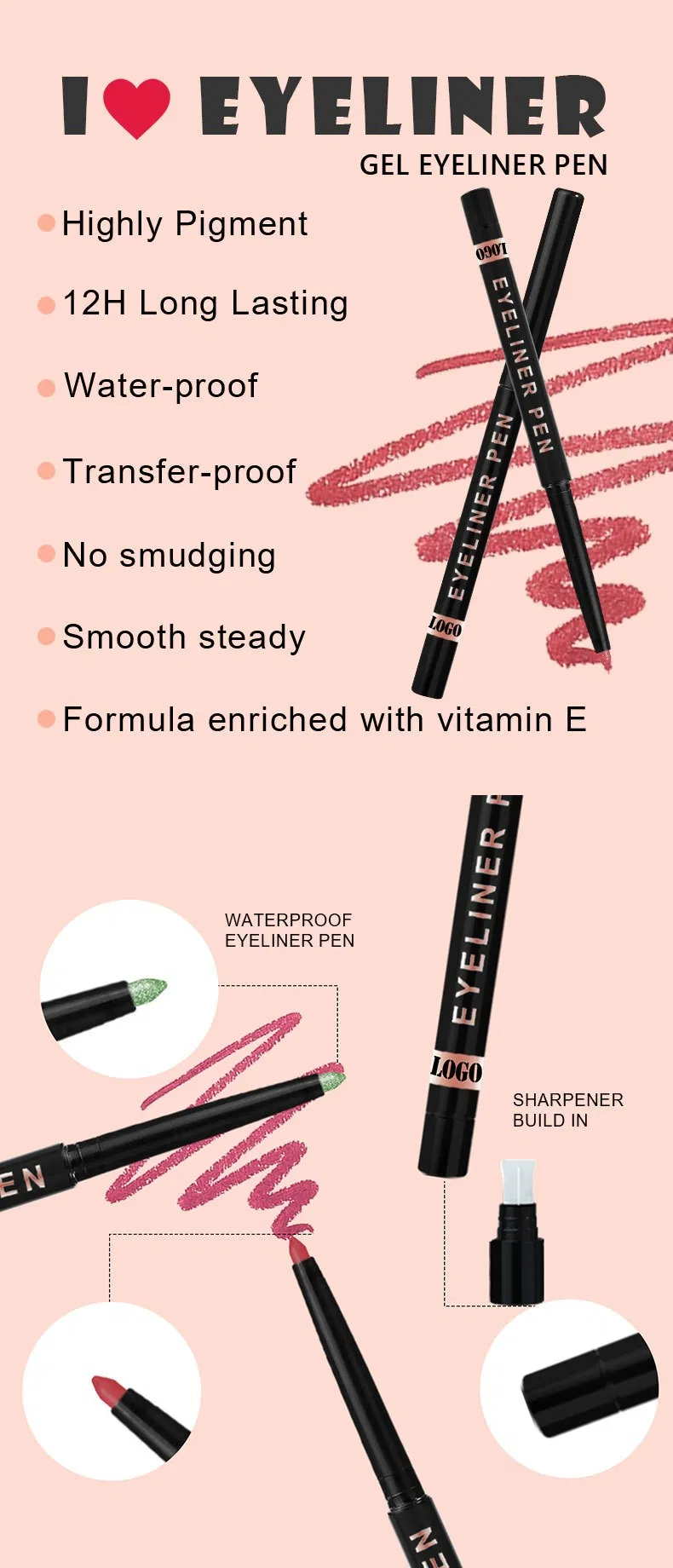 Black Matte Gltter Custom Logo Cream Herbal Waterproof Eyeliner Pencil No-Logo Erasable Long-Lasting for Makeup Wholesale