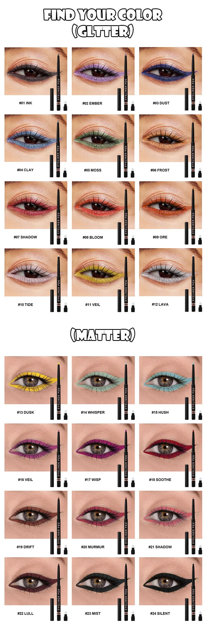 Black Matte Gltter Custom Logo Cream Herbal Waterproof Eyeliner Pencil No-Logo Erasable Long-Lasting for Makeup Wholesale