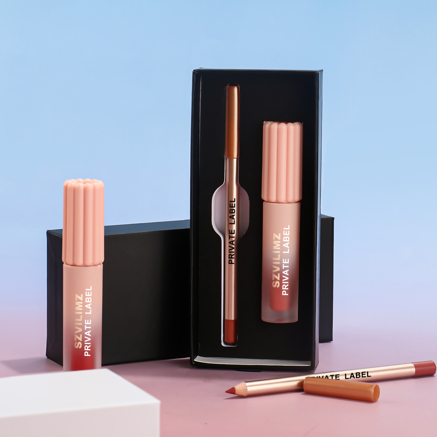 Hot Sale Solid Color Two in One Lipstick Kit Waterproof Lip Gloss Set Vegan Creamy Lip Liner and Lip Gloss for Women