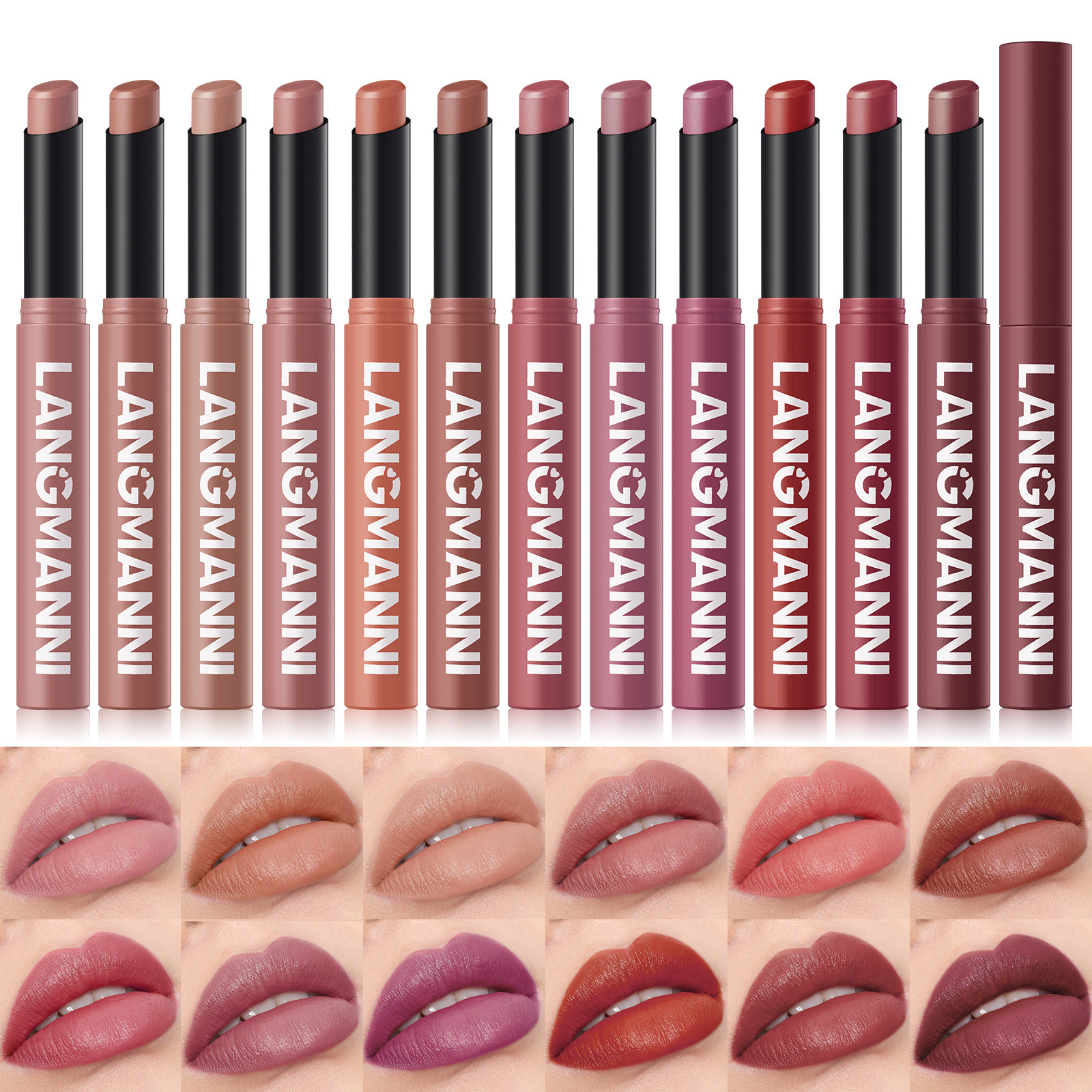 LANGMANNI Twelve-Color Slant-End Rotating Relatively Matte Moisturizing Long Lasting Lipstick for Lips 2g Regular Size