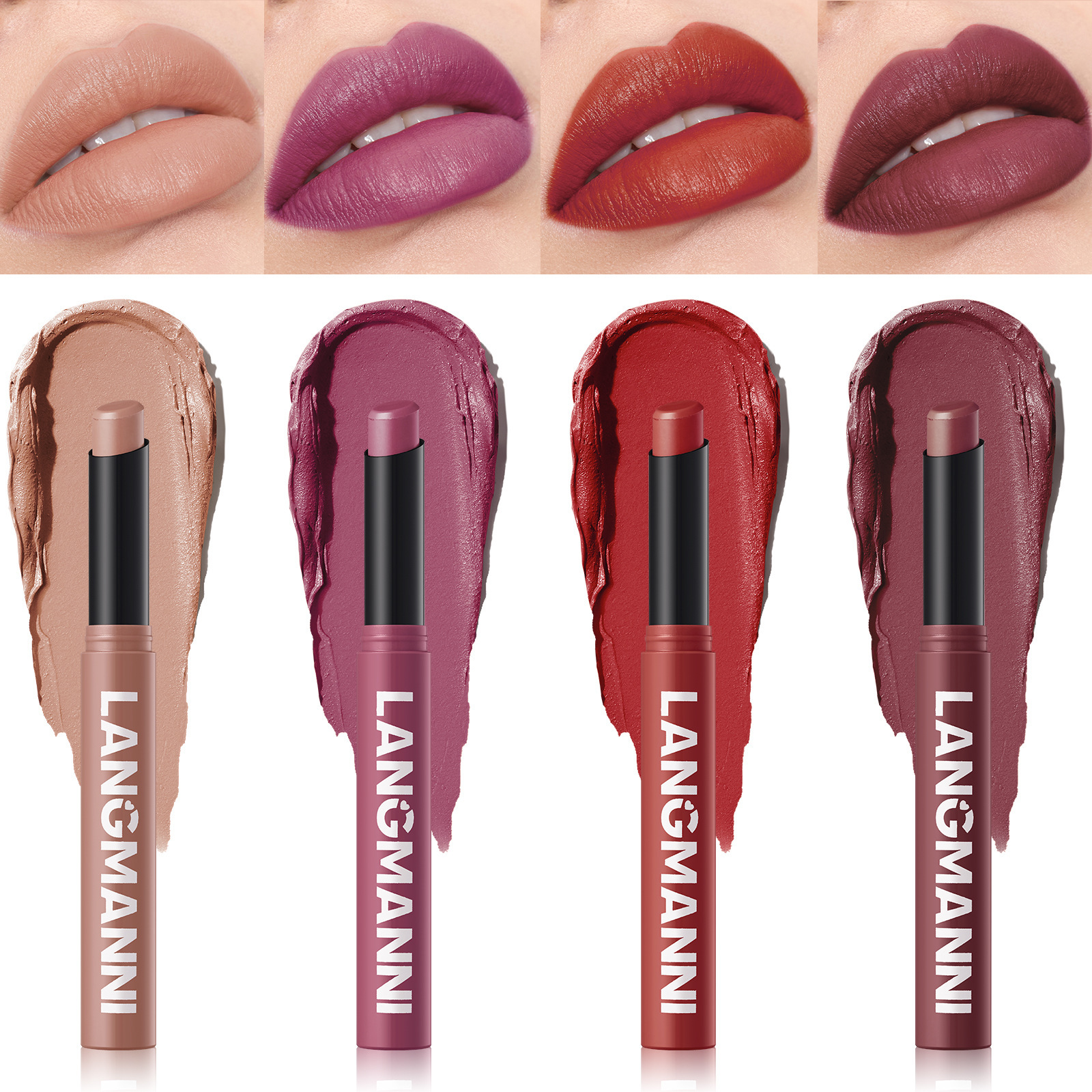 LANGMANNI Twelve-Color Slant-End Rotating Relatively Matte Moisturizing Long Lasting Lipstick for Lips 2g Regular Size