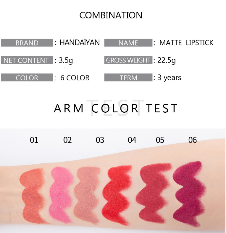 Handaiyan Lipstick 6 Colours Matte Makeup Lipstick Waterproof Pigment Long Lasting Lipstick