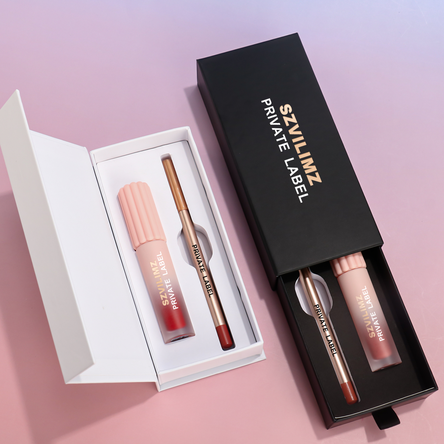 Hot Sale Solid Color Two in One Lipstick Kit Waterproof Lip Gloss Set Vegan Creamy Lip Liner and Lip Gloss for Women