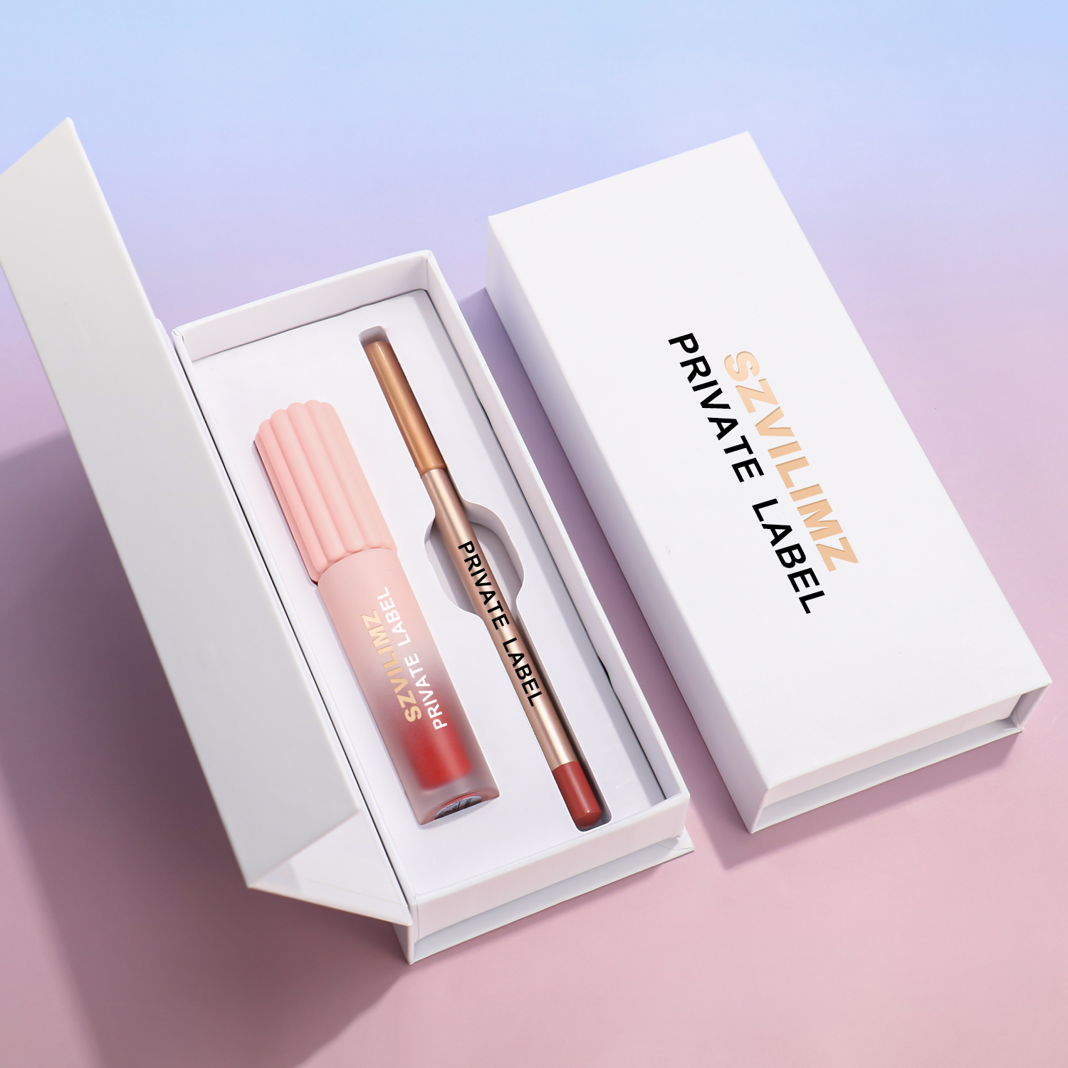 Hot Sale Solid Color Two in One Lipstick Kit Waterproof Lip Gloss Set Vegan Creamy Lip Liner and Lip Gloss for Women