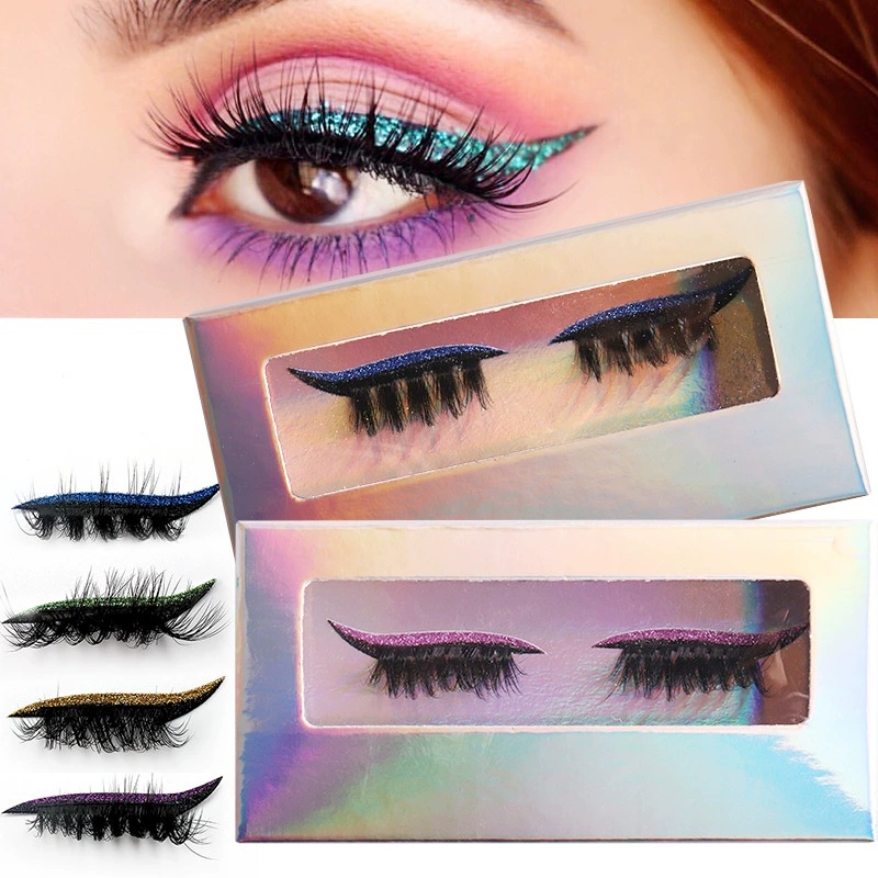 Self-Adhesive Natural Thick False Eyelash Cat Eye Beauty Sticker Glitter Shining Eyeliner Lazy Faux Mink Lashes With Eyeshadow