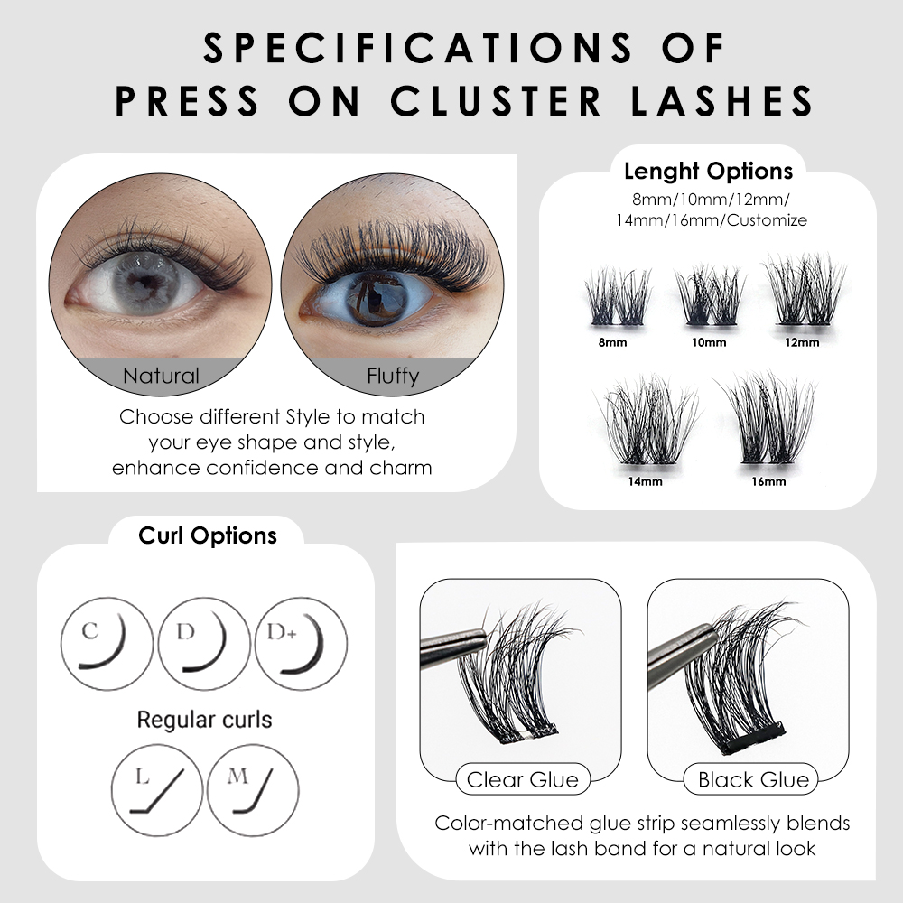 7-15 Day Self-Adhesive Cluster Lashes Glueless DIY Day Eyelashes Full Strip Press on Lash Extensions Wholesale No-Glue