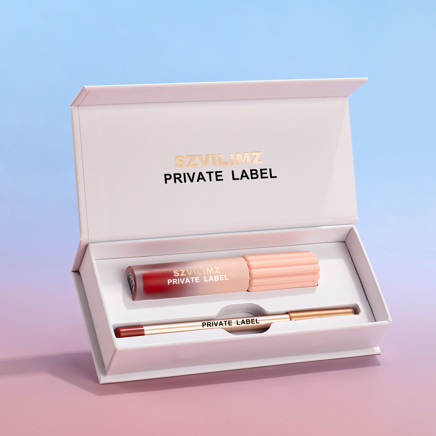 Hot Sale Solid Color Two in One Lipstick Kit Waterproof Lip Gloss Set Vegan Creamy Lip Liner and Lip Gloss for Women