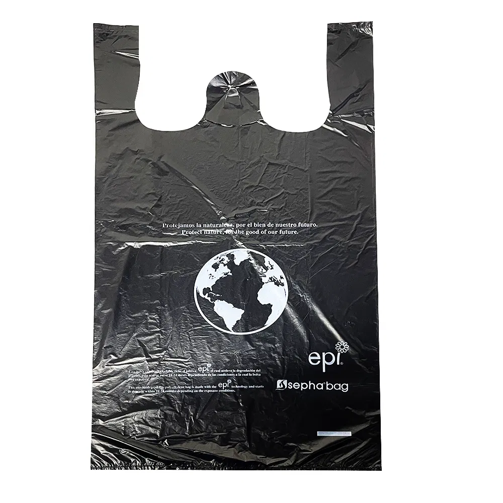 أكياس بلاستيكية قابلة للتحلل من نوع HDPE لحمل النفايات بتصميم قميص، مزودة بمقابض، مطبوعة بشعار مخصص، لتغليف التسوق، أكياس قميص سوداء من المصنع