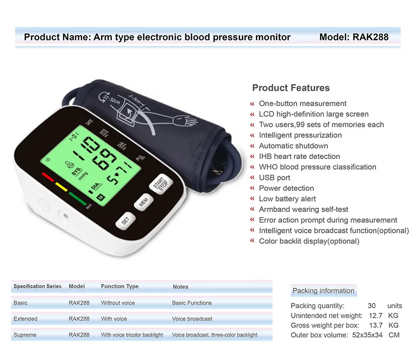Monitor de Pressão Arterial Médico OEM Rak288 Esfigmomanômetro Digital