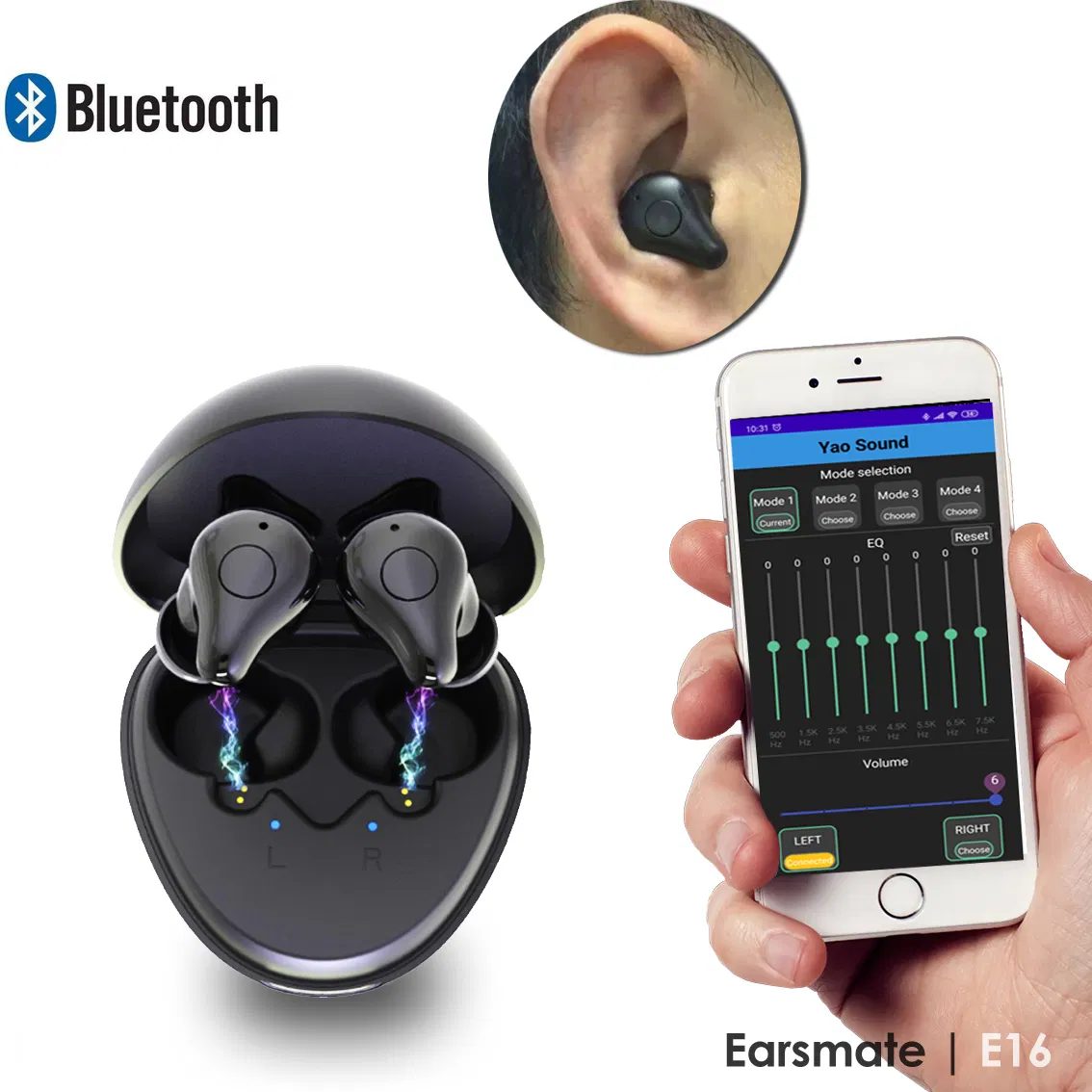 Venda por atacado de aparelhos auditivos Bluetooth intra-auriculares recarregáveis amplificadores digitais de som para adultos e idosos com perda auditiva um par de fones de ouvido Earsmate E16 Preço barato