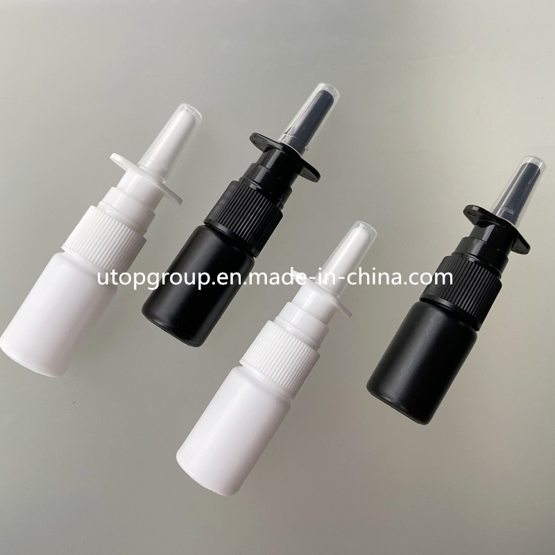 Estoque 5ml 10ml Frasco de Spray Nasal de Plástico HDPE Branco Vazio para Medicamentos com Bico de Névoa Preta para Lavagem com Água Salina