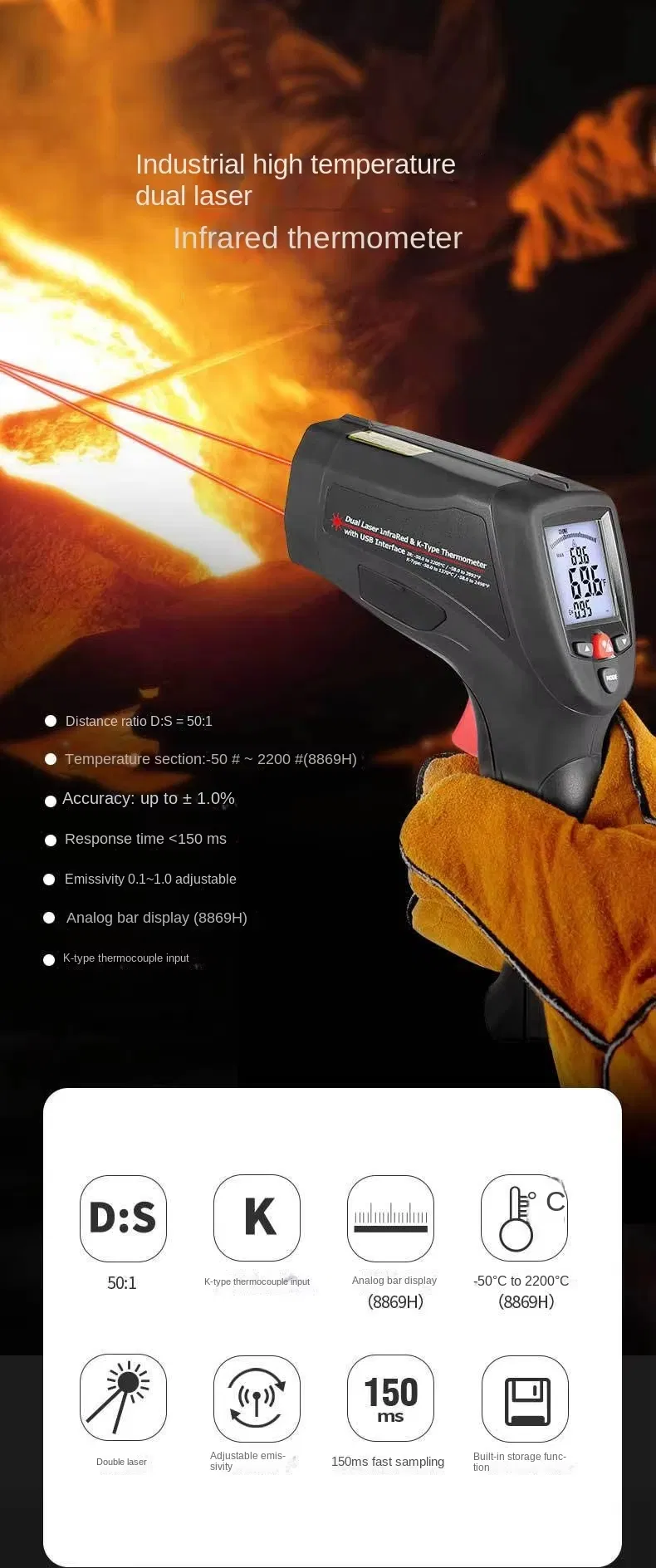 Termômetro Infravermelho Industrial Portátil com Duplo Laser