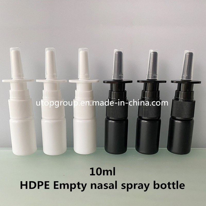 Estoque 5ml 10ml Frasco de Spray Nasal de Plástico HDPE Branco Vazio para Medicamentos com Bico de Névoa Preta para Lavagem com Água Salina