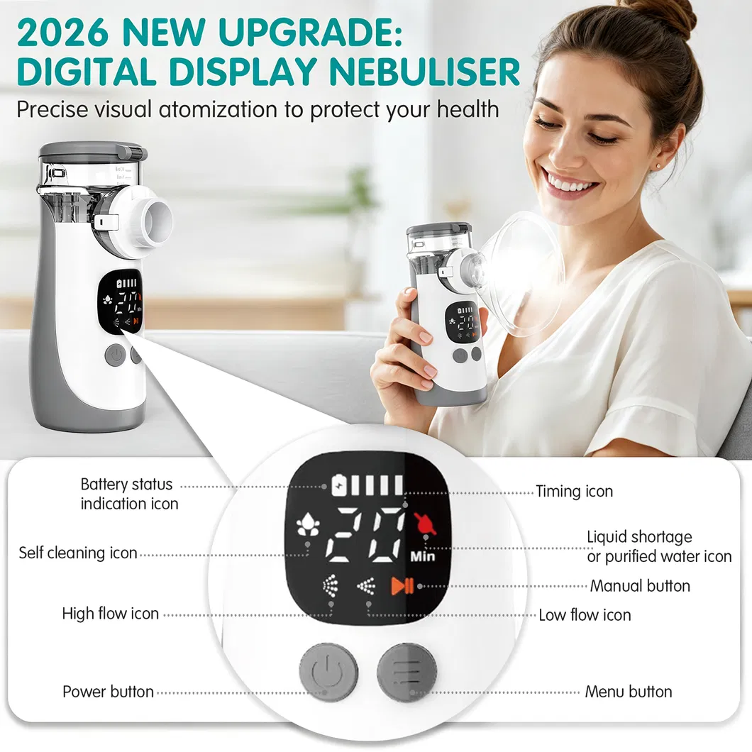 Novo Nebulizador Smart Quieto Portátil Recarregável Ultrassônico Digital de Malha com Copo de Malha Substituível