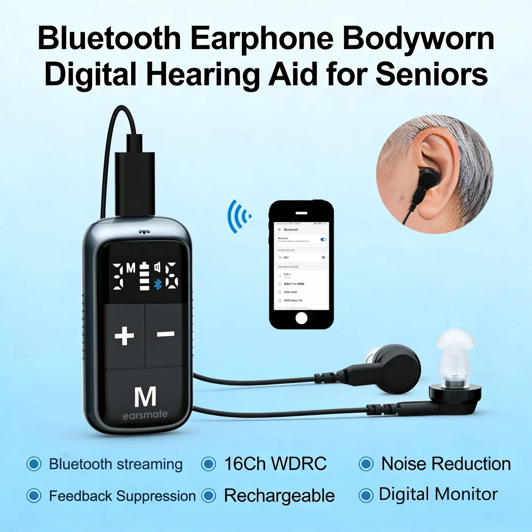 Aparelho Auditivo Digital Recarregável Bluetooth para Ouvido Surdo