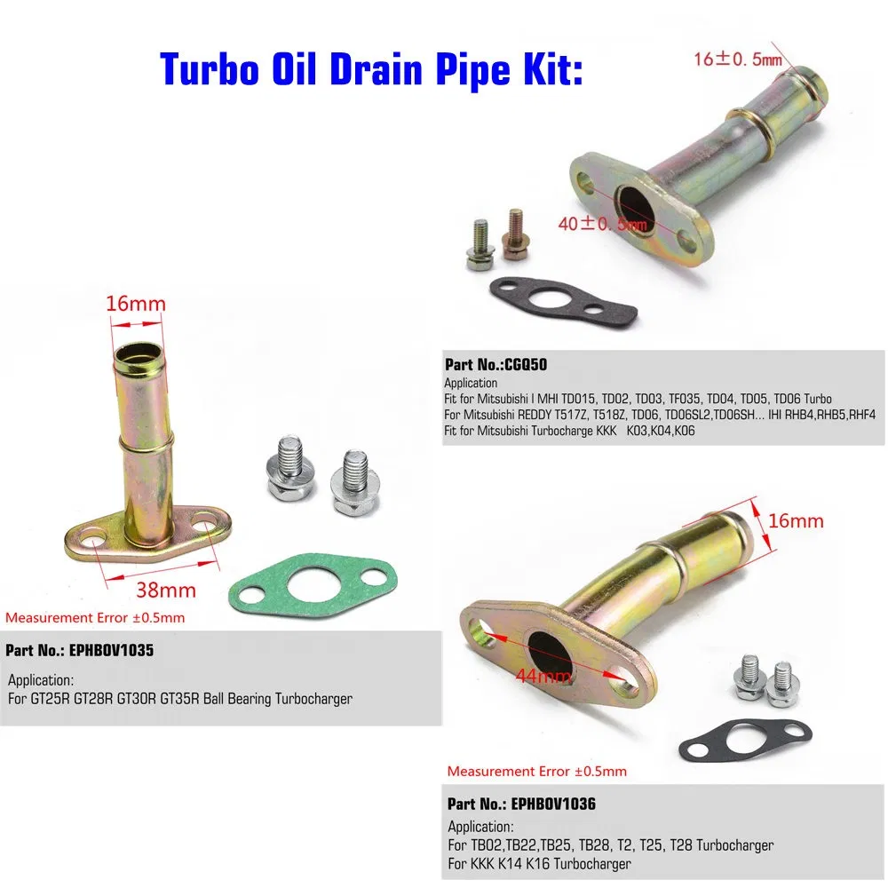 Epman Turbo Oil Return Kit Pipe M8 44mm for T2 T25 T28 Tb02 Tb25 Tb28 K14 K16 Turbochargers Ephbov1036