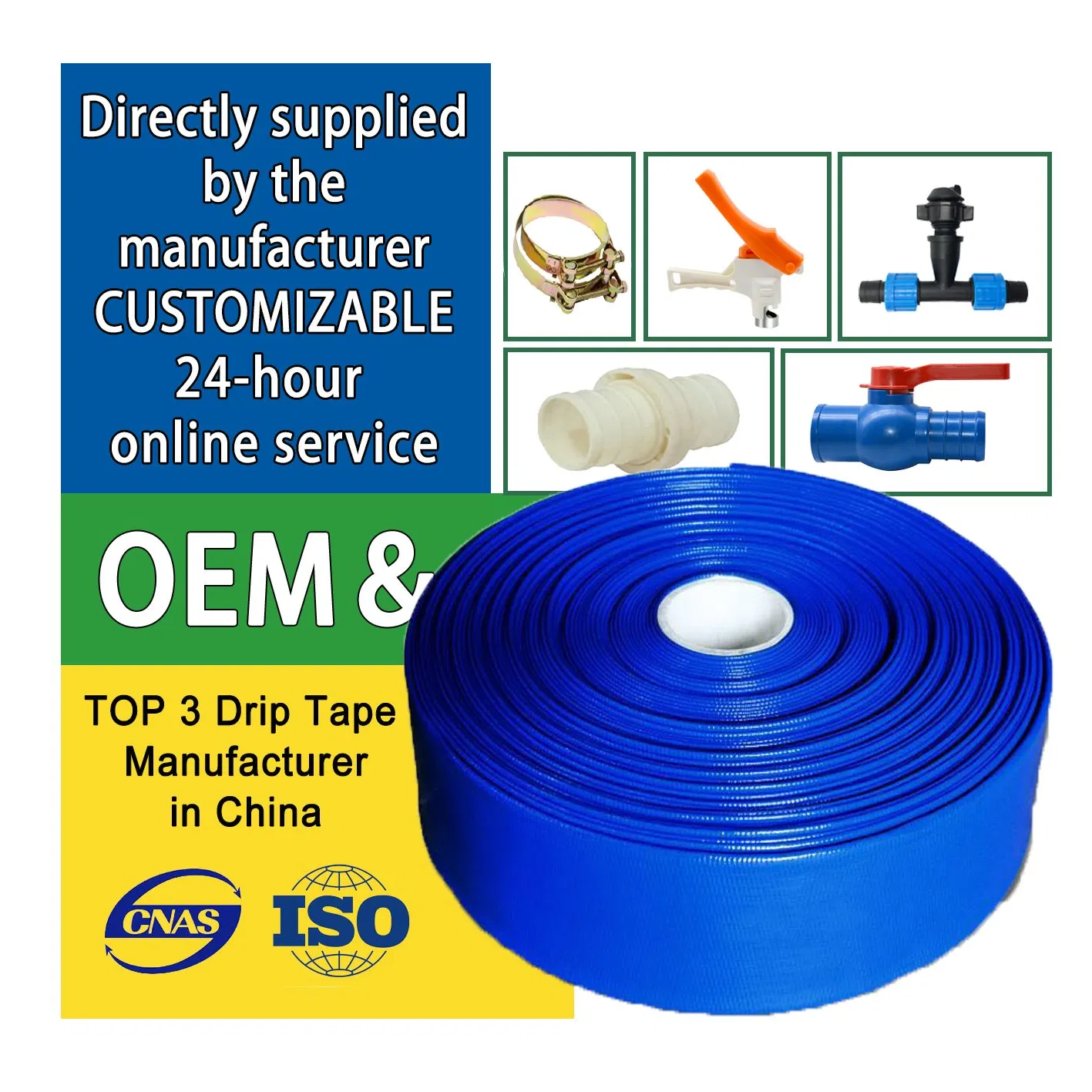 Irrigation Main Tape Pipe Blue Orange PVC Layflat Water Discharge Flexible Hose 1 2 3 4 5 6 8 10 16 Inch for Agricultural Farm and Garden Pool Pump