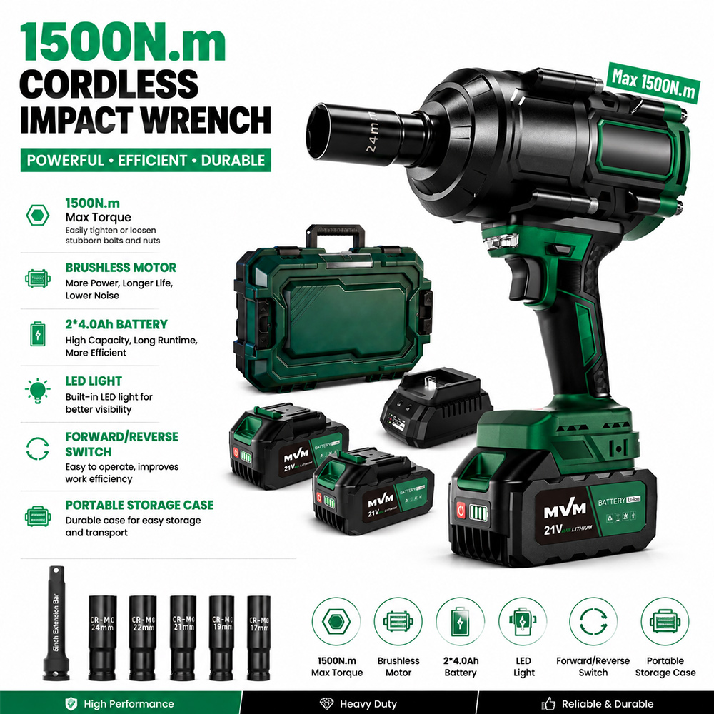 21V Brushless Impact Wrench LED Work Light 1500NM 4.0Ah Battery Cordless High Torque for RV Car Heavy Duty Truck Automotive