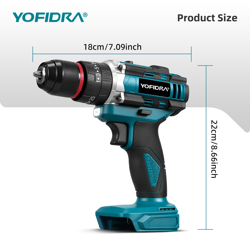 YOFIDRA 3IN1 25+3 Model Torque Electric Impact Drill Handheld Cordless Impact Drill Woodworking for 21V Battery