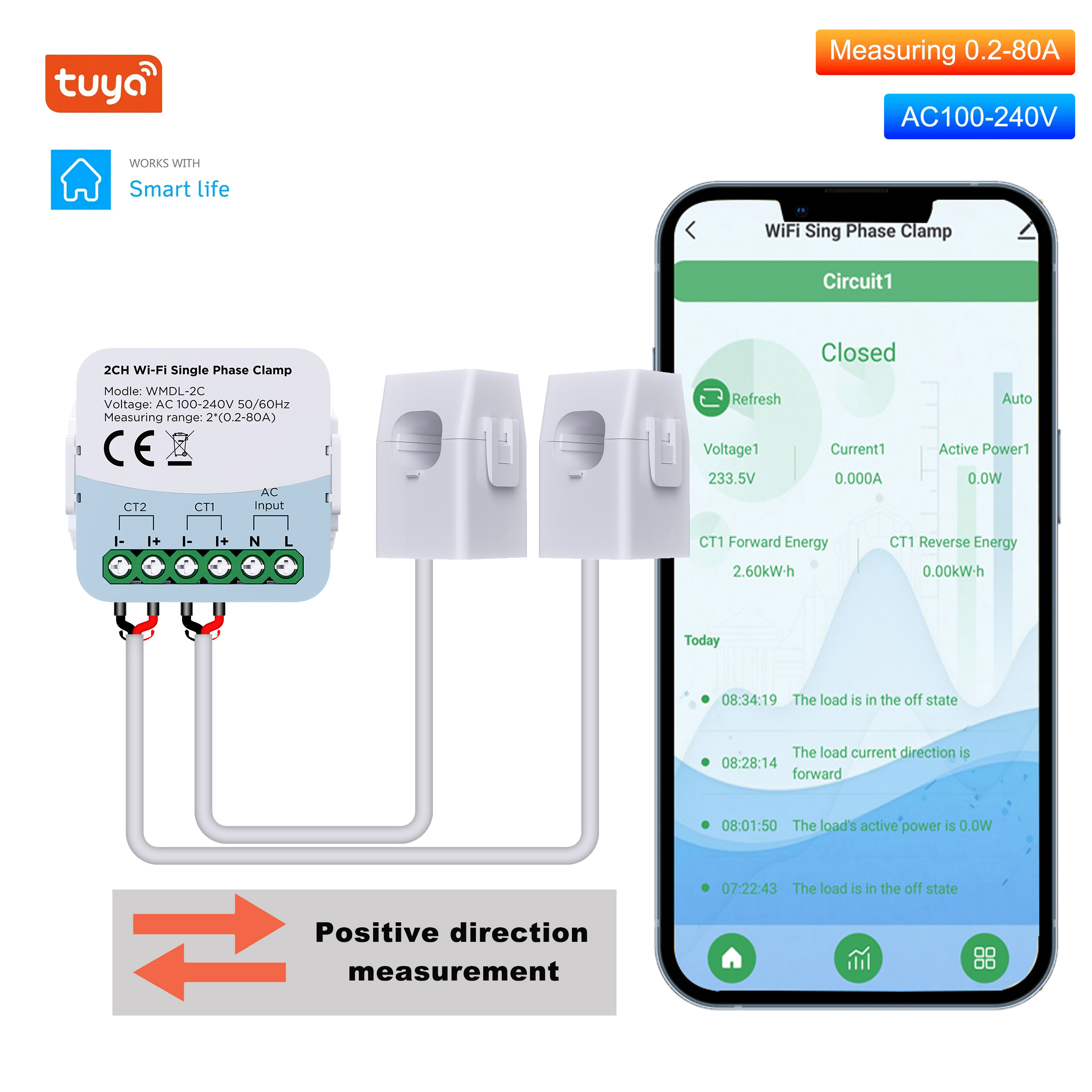 Wilmore Smart Energy Monitor WiFi Power Clamp Meter 2 CTs Current Voltage Amp Smart Breaker