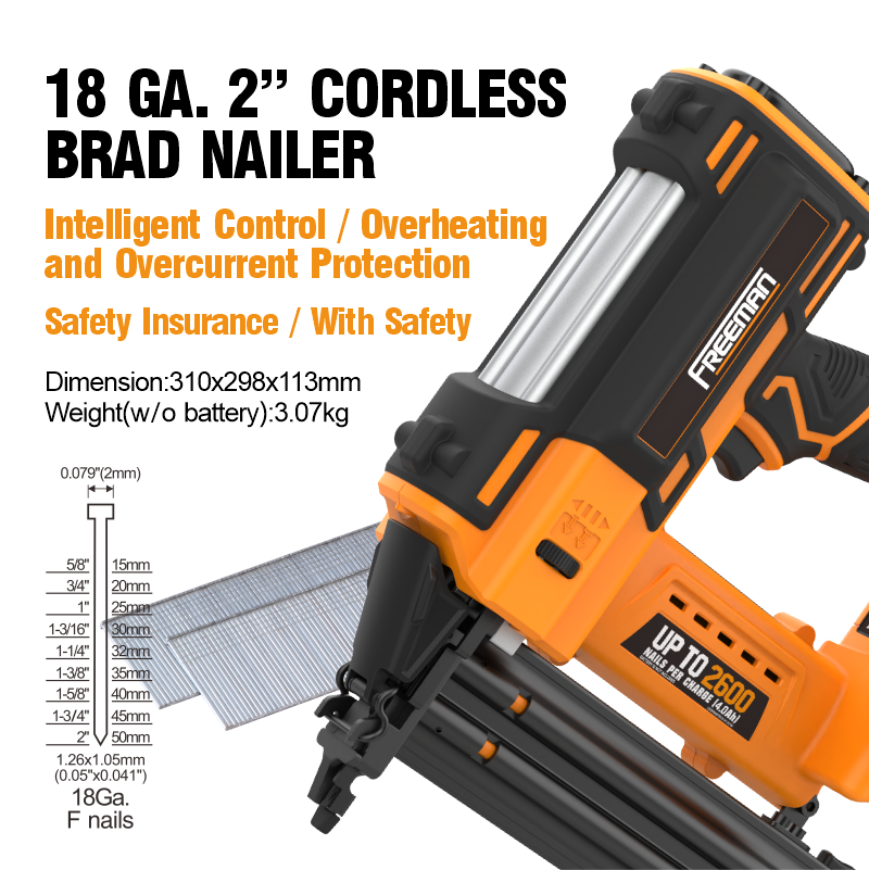 Freeman 20 Volt Cordless 18-Gauge 2 Inch Brad Nailer Kit With Lithium Ion Battery, Charger, Bag And CE Certificate