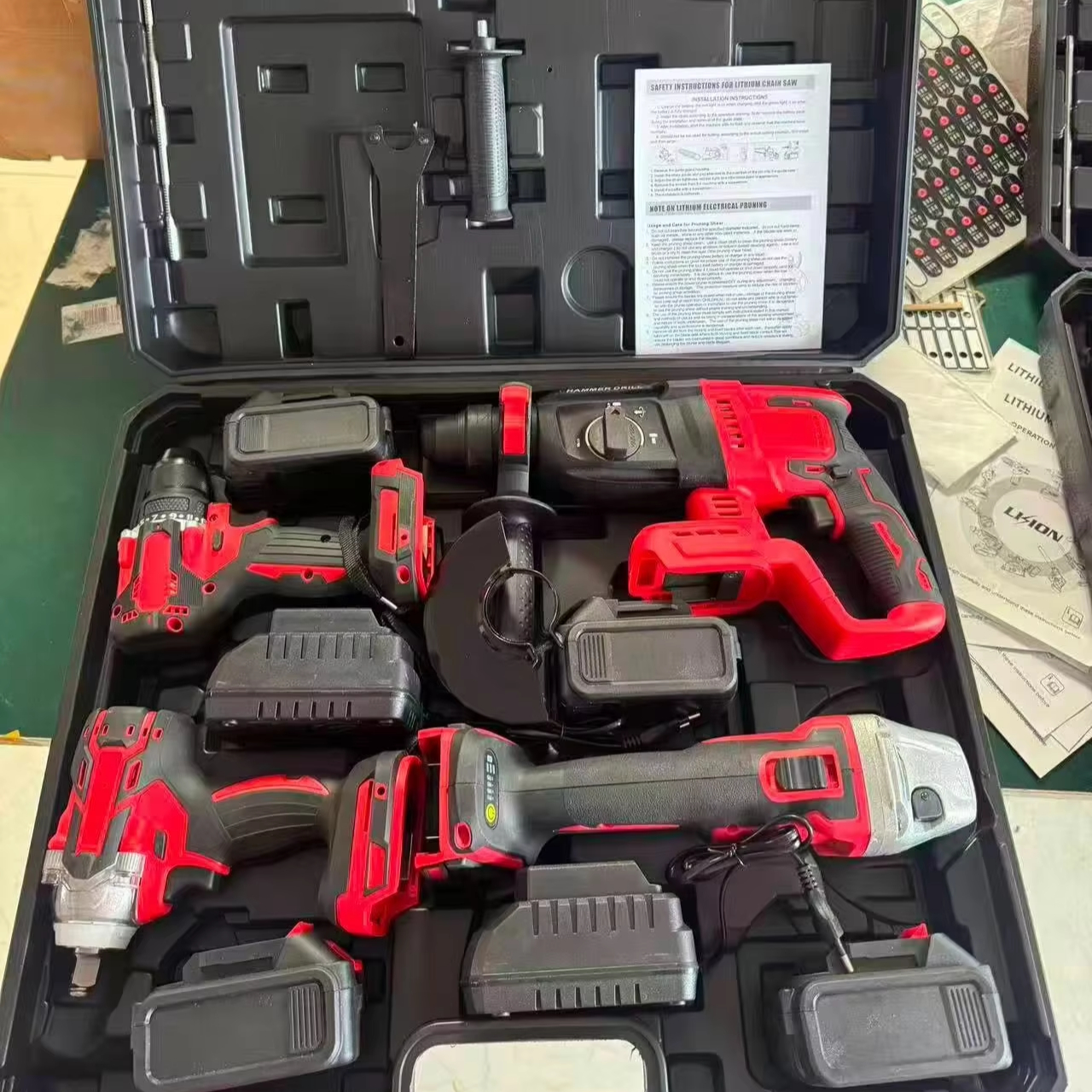 Battery Powered Cordless Plastic Box Combo Kit 4 In 1 Brushless Impact Wrench Angle Grinder Hammer Drill Power Tool Set