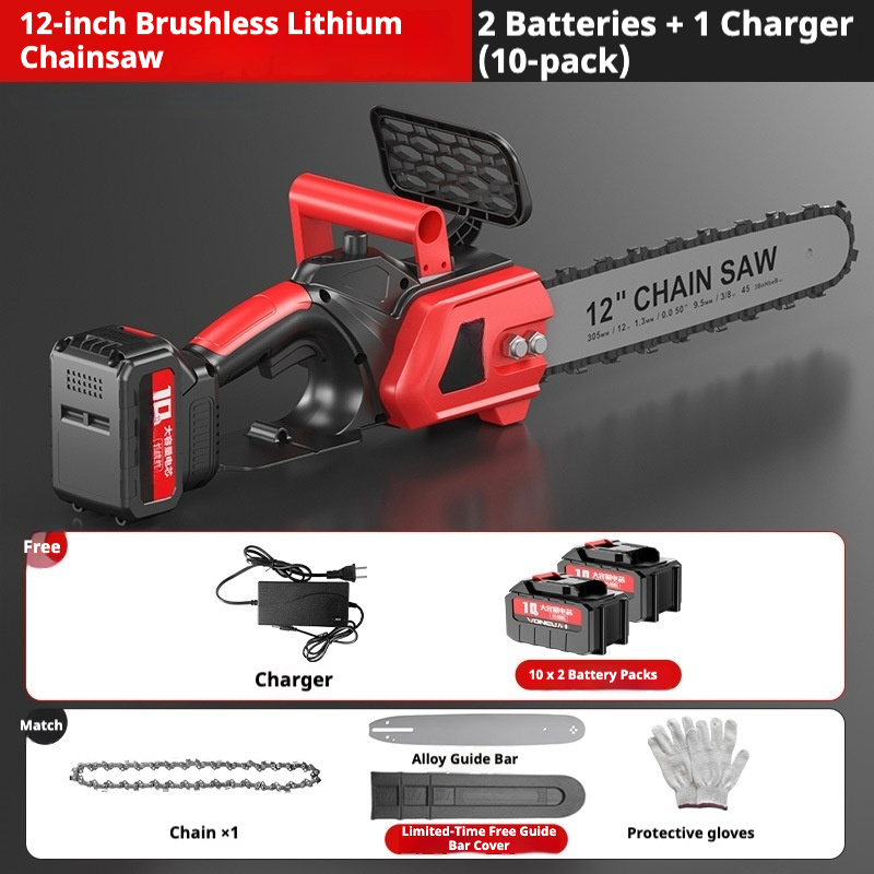 High Power Output 12 Inches Cordless Electric Chain Saw, Dual Batteries Brushless Motor with Industrial-Grade Wood Cutting Tool
