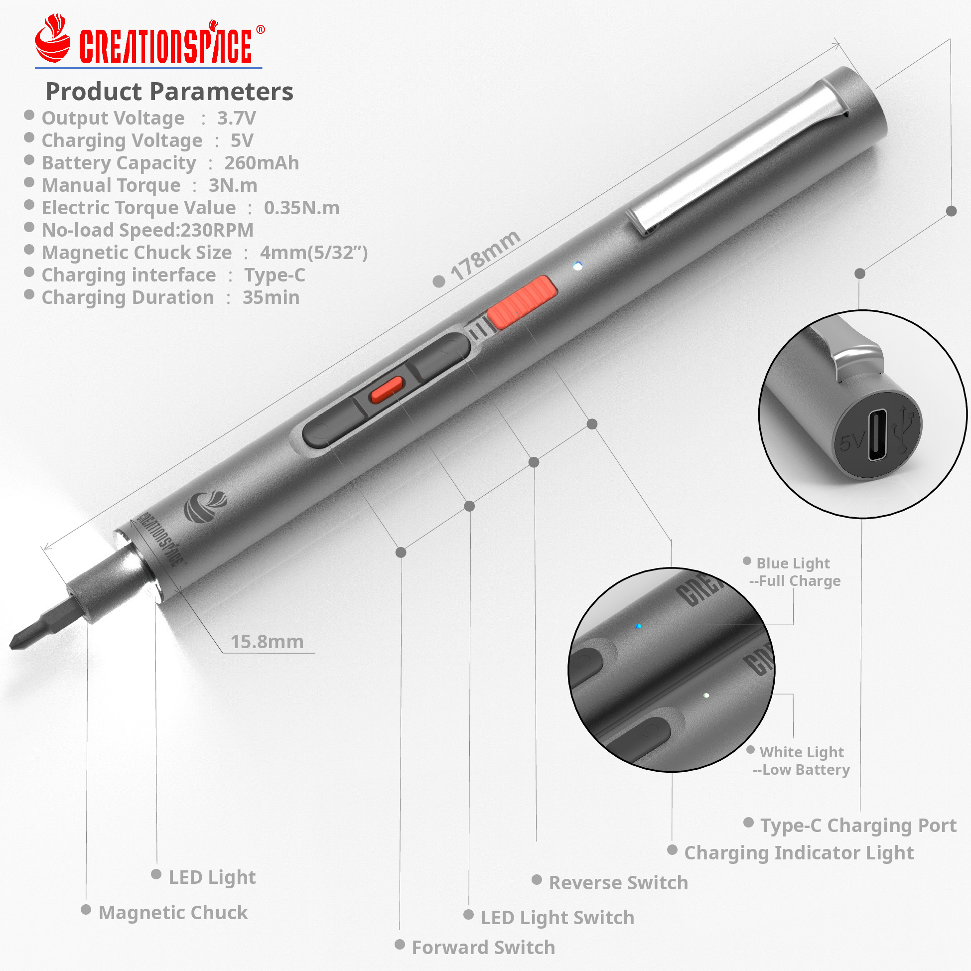 CreationSpace CS0802A 3.7V Cordless Mini Electric Screwdriver Kit: Automatic Power Tool for Home DIY