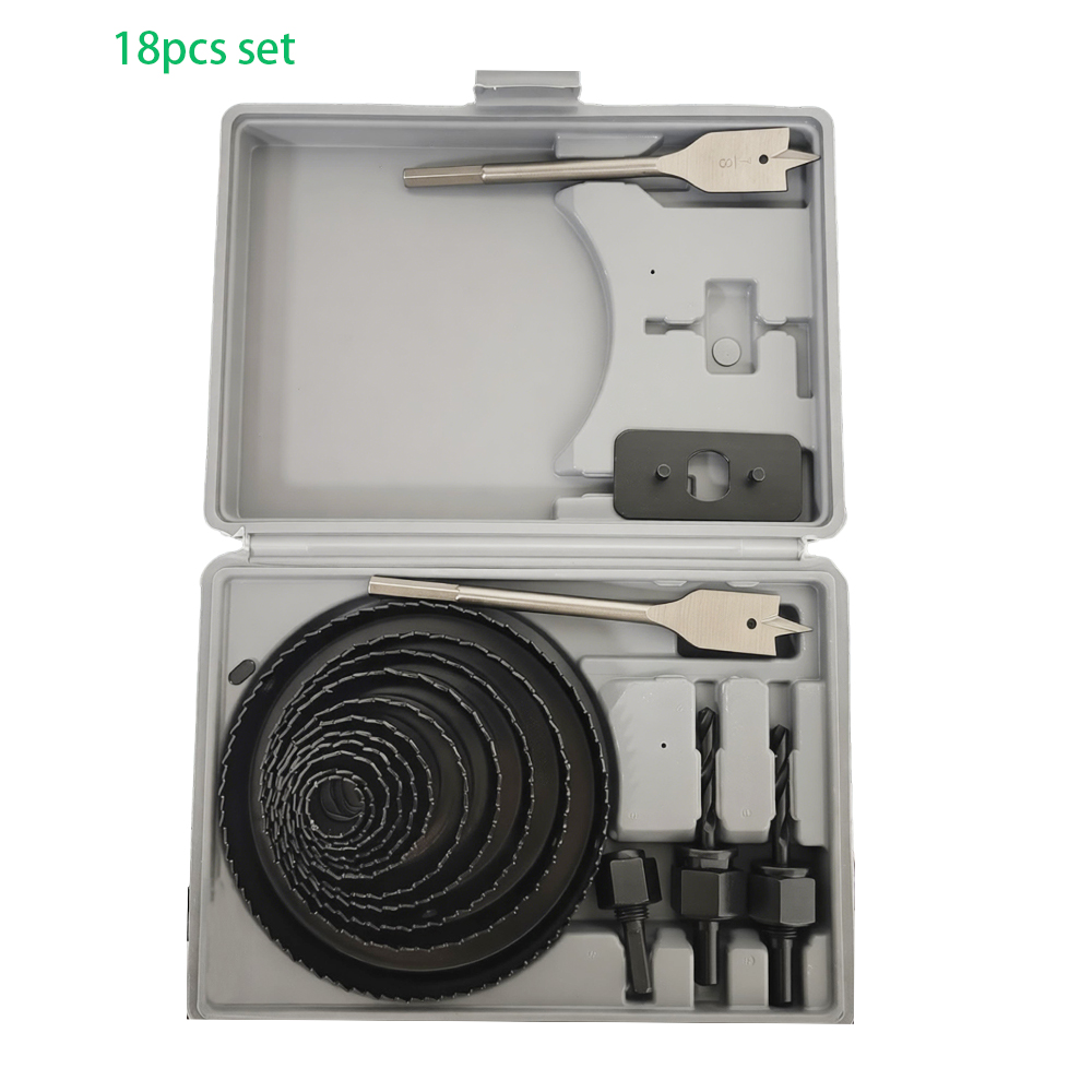 18-Piece Pro Contractor Set with Carbon Steel Large Hole Saws and Flat Bits for Wood Drilling and Pipe Applications