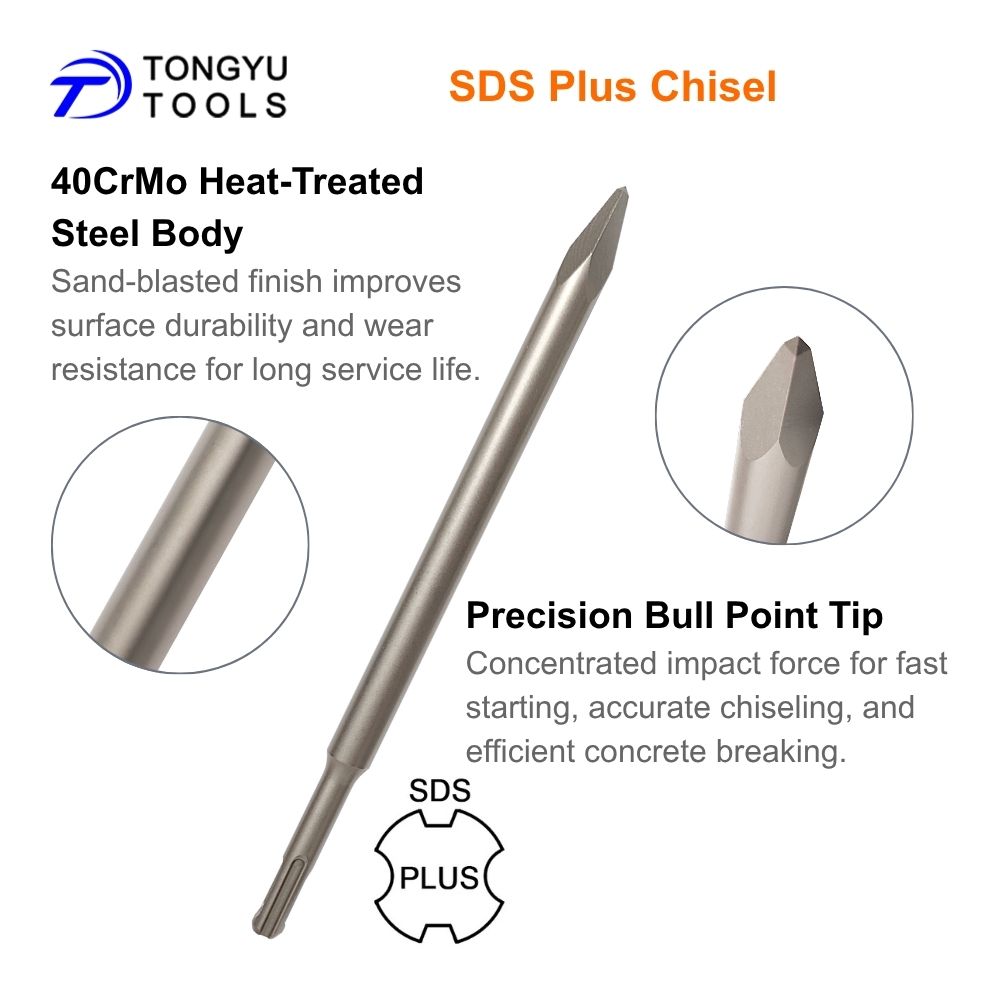 SDS Plus Chisel Set 4 Pcs - 40CrMo Alloy Steel Point, Flat &amp; Wide Blades for Tile Mortar Cement Brick Concrete Masonry Removal