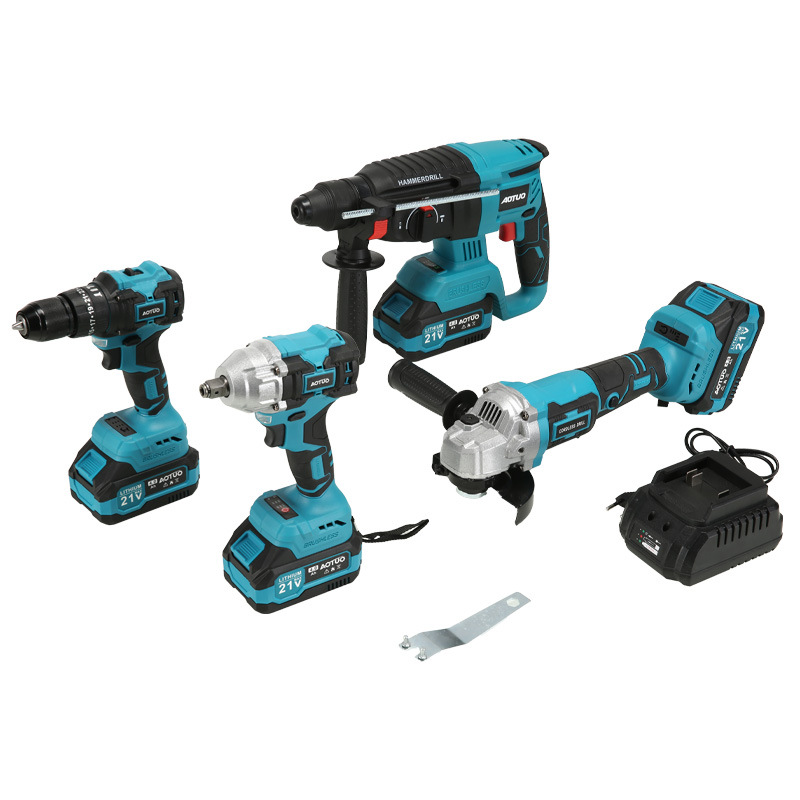 21V Brushless Lithium Battery Power Tool Kit With Electric Hammer Angle Grinder Electric Wrench Drill-Hard Case