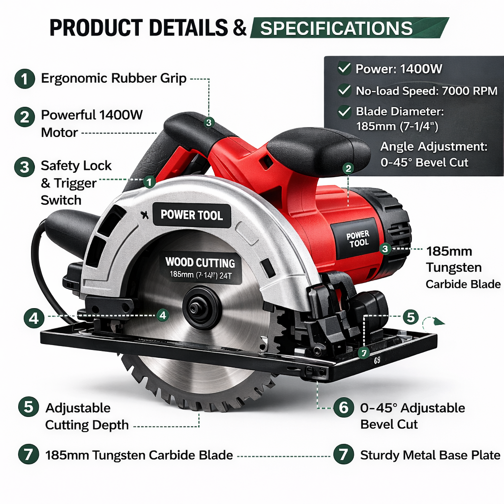 1400W Electric Circular Saw 185mm Handheld Wood Cutting Saw Power Tool with Adjustable Bevel Cut