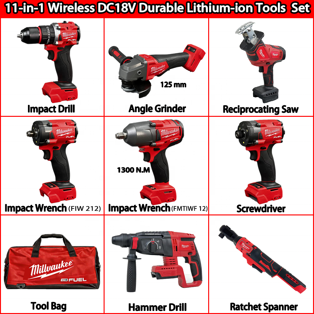 Milwaukee 18V M18 Impact Wrench 12-Piece Industrial Tool Kit Brushless Cordless Red Fuel Screwdriver 11-In-1Combo Power Tool Set