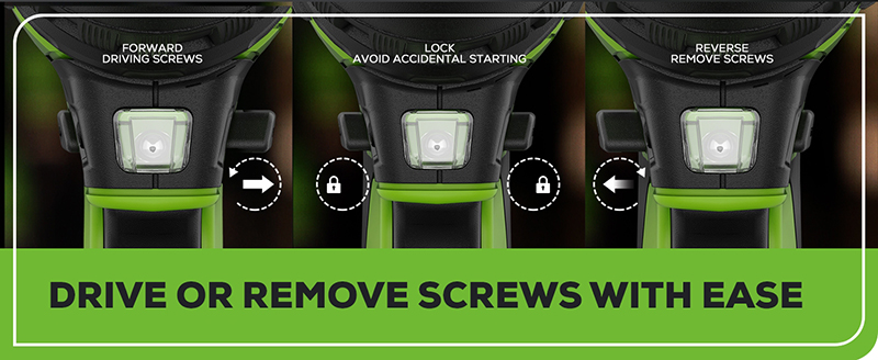 FORWARD --- DRIVING SCREWS LOCK --- AVOID ACCIDENTAL STARTING REVERSE --- REMOVE SCREWS