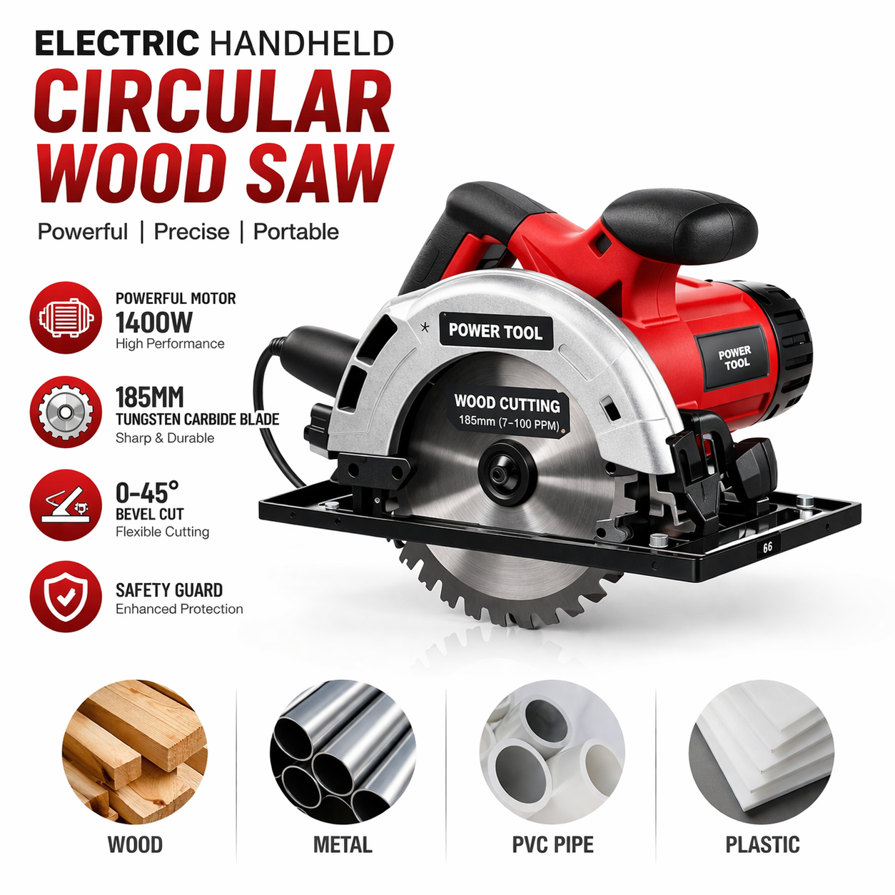 1400W Electric Circular Saw 185mm Handheld Wood Cutting Saw Power Tool with Adjustable Bevel Cut