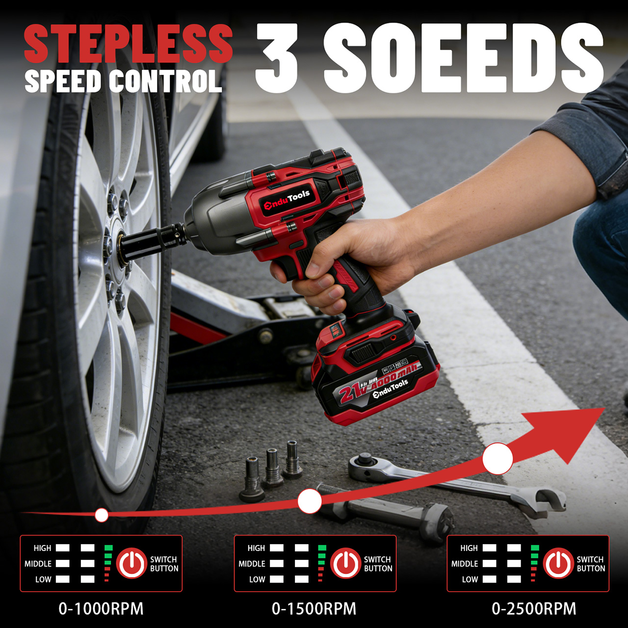Cordless 21V 1200Nm Max Torque Brushless Lithium-Ion Impact Wrench 1/2inch Drive 500W 4000mAh DIY Car &amp; Industrial Battery