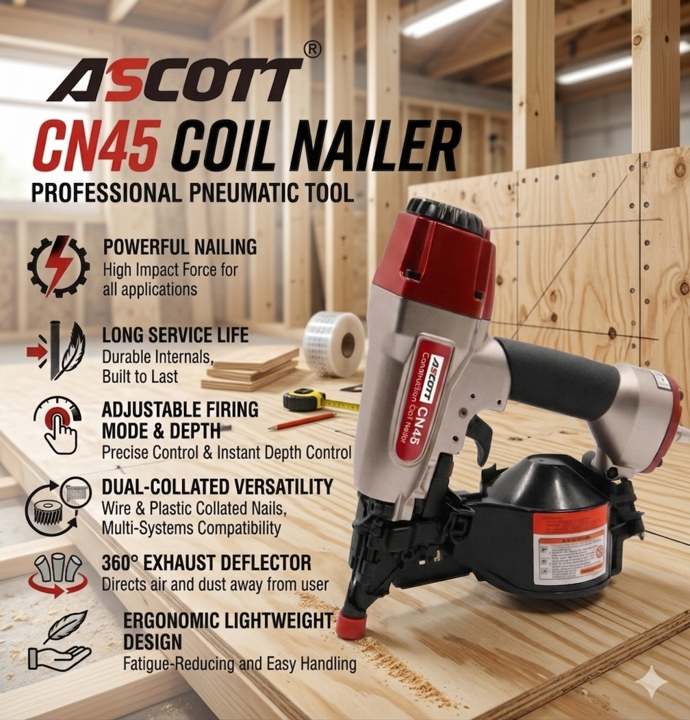 Industrial&amp;DIY CN45 Pneumatic Roofing Sheathing Coil Nailer Adjustable Firing Mode&amp;Depth Board Fastening Tools Air Coil Nail Gun