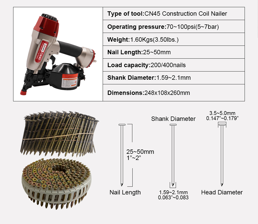 Industrial&amp;DIY CN45 Pneumatic Roofing Sheathing Coil Nailer Adjustable Firing Mode&amp;Depth Board Fastening Tools Air Coil Nail Gun