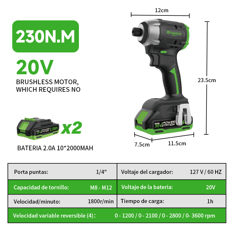 Fumetax 1/4" Three-Speed Cordless Brushless Impact Driver Kit for Construction High-Capacity Mini Hammer Drill