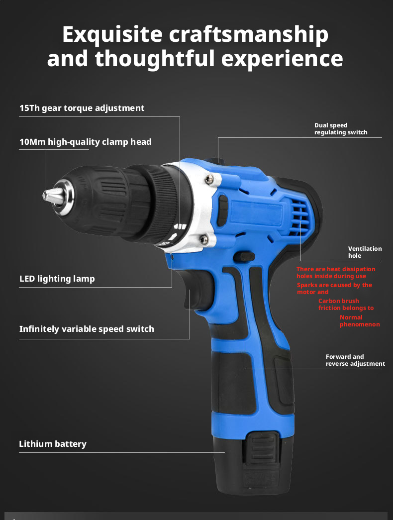 12V Portable Battery Power Impact Drill Multifunction Mini Electric Hand Drill Household Cordless Electric Screwdriver Tool Set