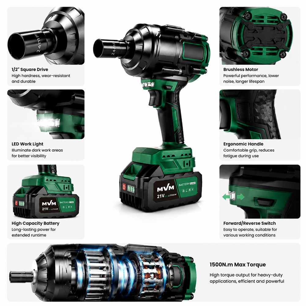 21V Brushless Impact Wrench LED Work Light 1500NM 4.0Ah Battery Cordless High Torque for RV Car Heavy Duty Truck Automotive