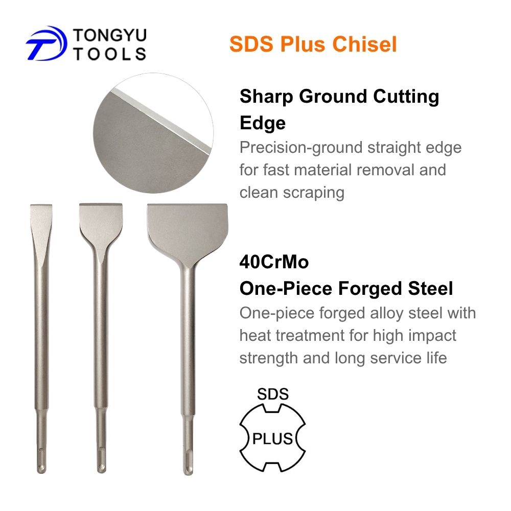 SDS Plus Chisel Set 4 Pcs - 40CrMo Alloy Steel Point, Flat &amp; Wide Blades for Tile Mortar Cement Brick Concrete Masonry Removal