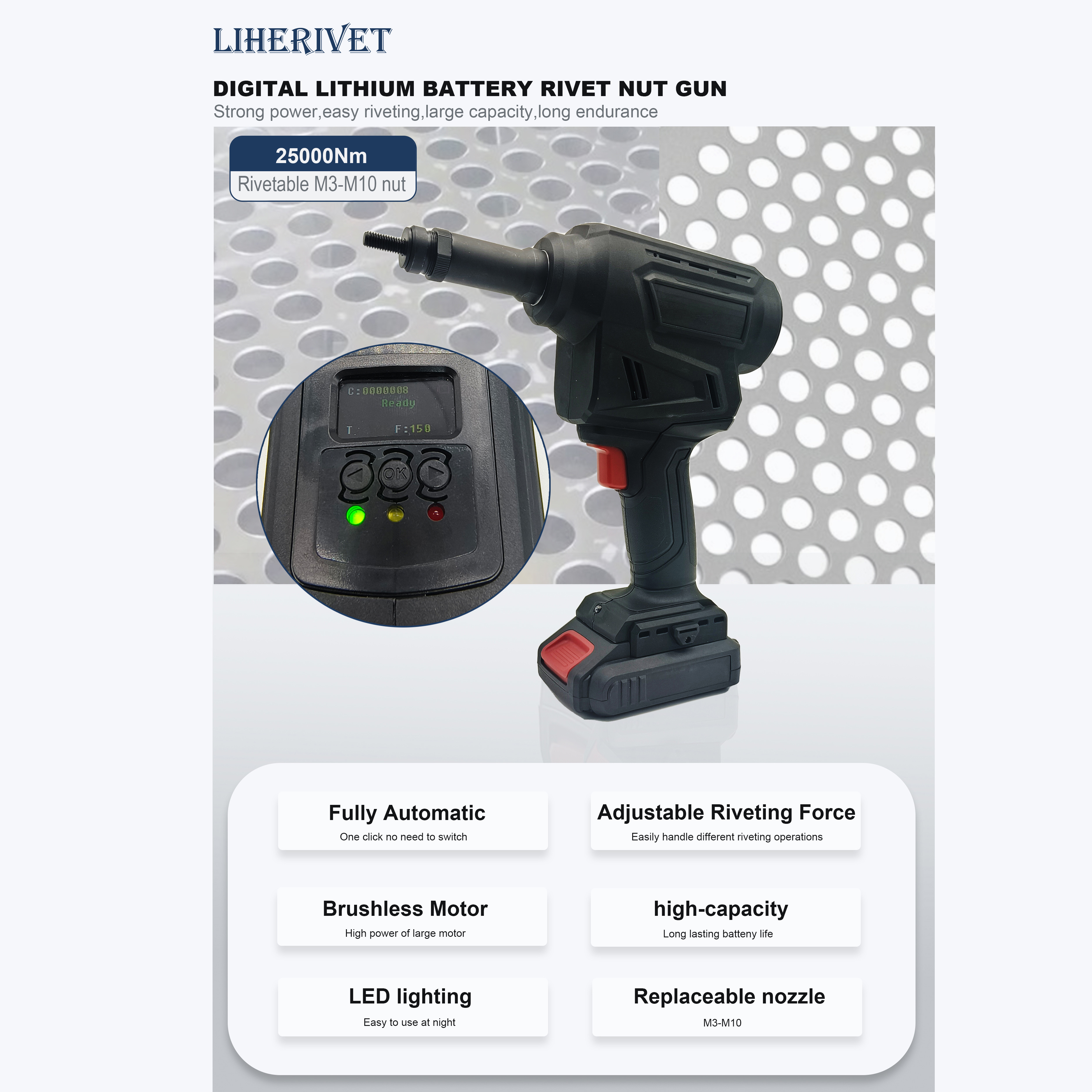 Electric Nut Rivet Gun Industrial Grade High Pull Force Handheld Heavy Duty M3-M10 Riveting Range Professional Fastening Tool