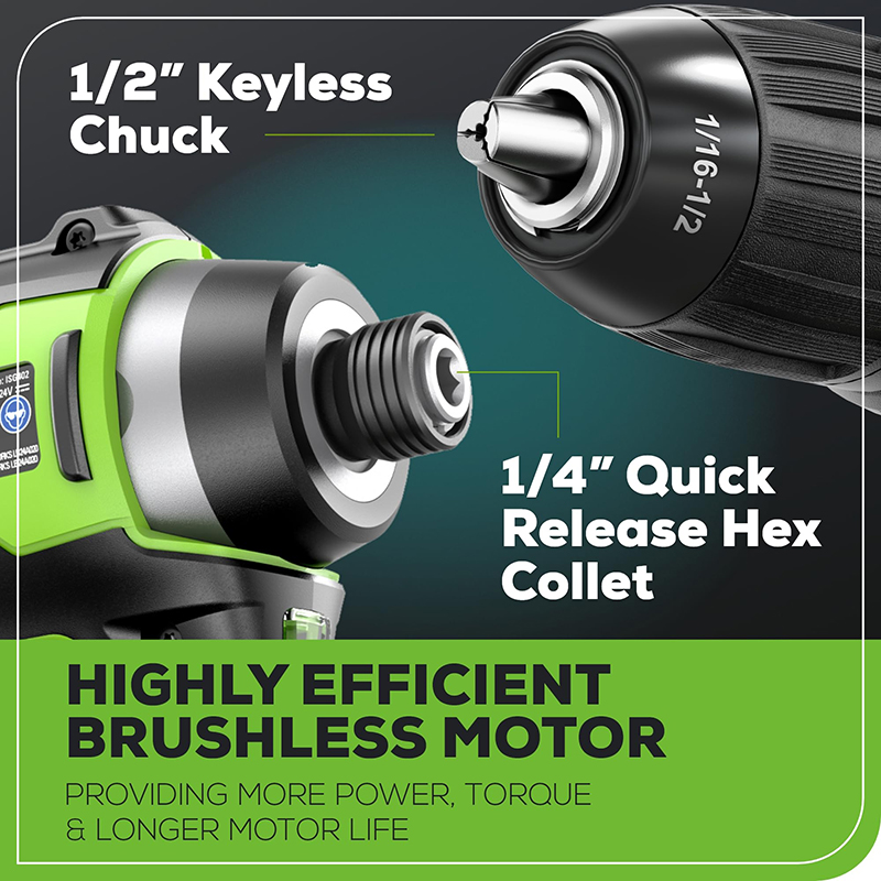 Greenworks 24V Brushless 1/2" Drill 1/4" Hex Impact Driver Power Tool Combo Kit with Toolbag 2pcs 2Ah Batteries and Flash Light