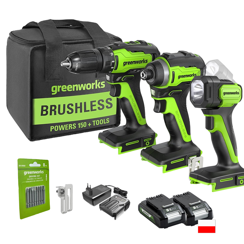 Greenworks 24V Brushless 1/2" Drill 1/4" Hex Impact Driver Power Tool Combo Kit with Toolbag 2pcs 2Ah Batteries and Flash Light