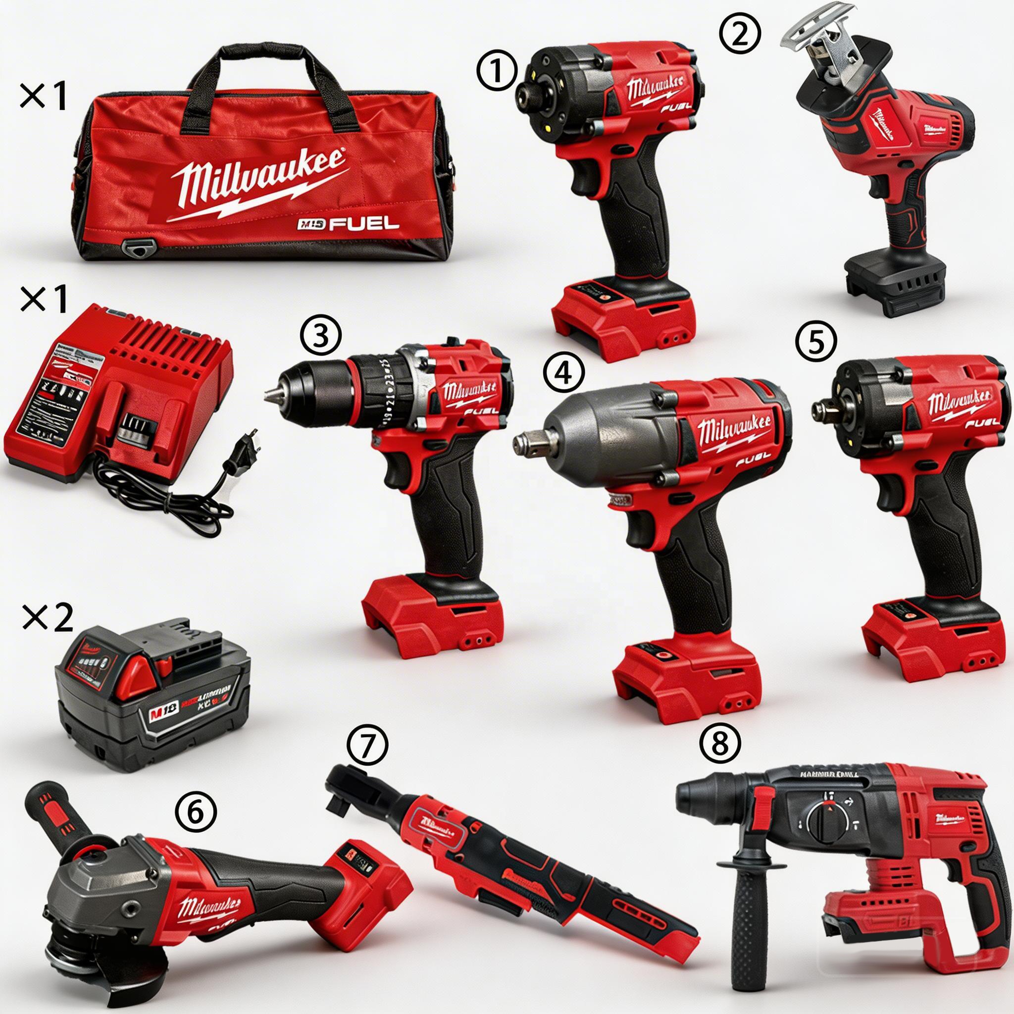 Milwaukee 18V M18 Impact Wrench 12-Piece Industrial Tool Kit Brushless Cordless Red Fuel Screwdriver 11-In-1Combo Power Tool Set