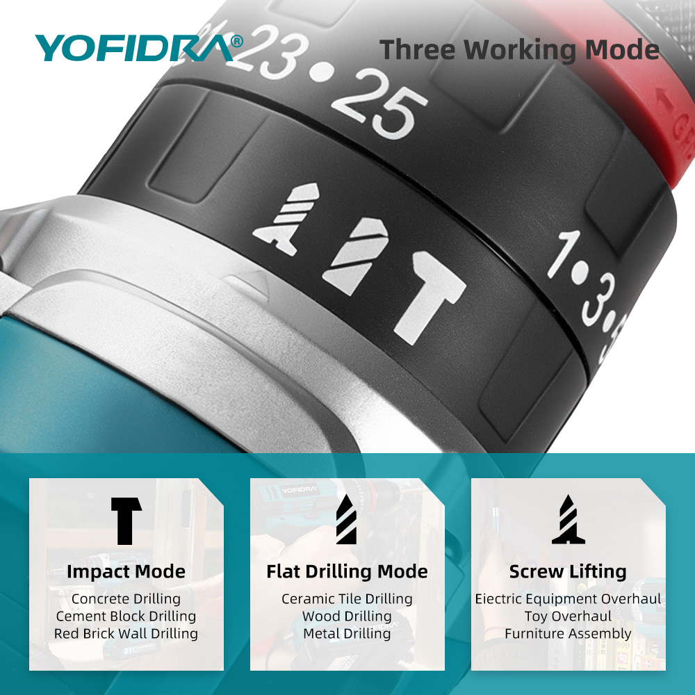 YOFIDRA 3IN1 25+3 Model Torque Electric Impact Drill Handheld Cordless Impact Drill Woodworking for 21V Battery