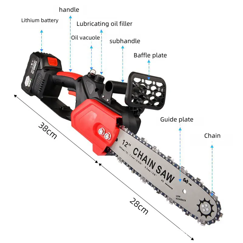 Portable 12-Inch Electric Chain Saw Wood Cutting DIY Industrial Grade Cordless Tool 21V Lithium Battery Brushless Motor High