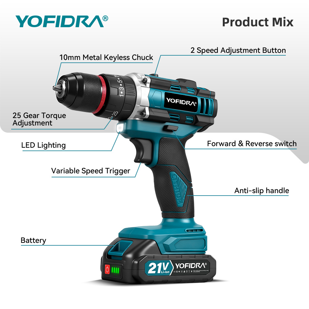 YOFIDRA 3IN1 25+3 Model Torque Electric Impact Drill Handheld Cordless Impact Drill Woodworking for 21V Battery