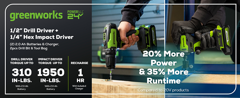 Greenworks 24V Brushless 1/2" Drill 1/4" Hex Impact Driver Power Tool Combo Kit with Toolbag 2pcs 2Ah Batteries and Flash Light
